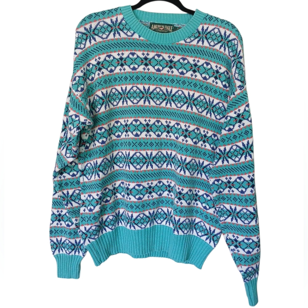 American Eagle Outfitters Vintage 90s Teal and White Crewneck Sweater Large